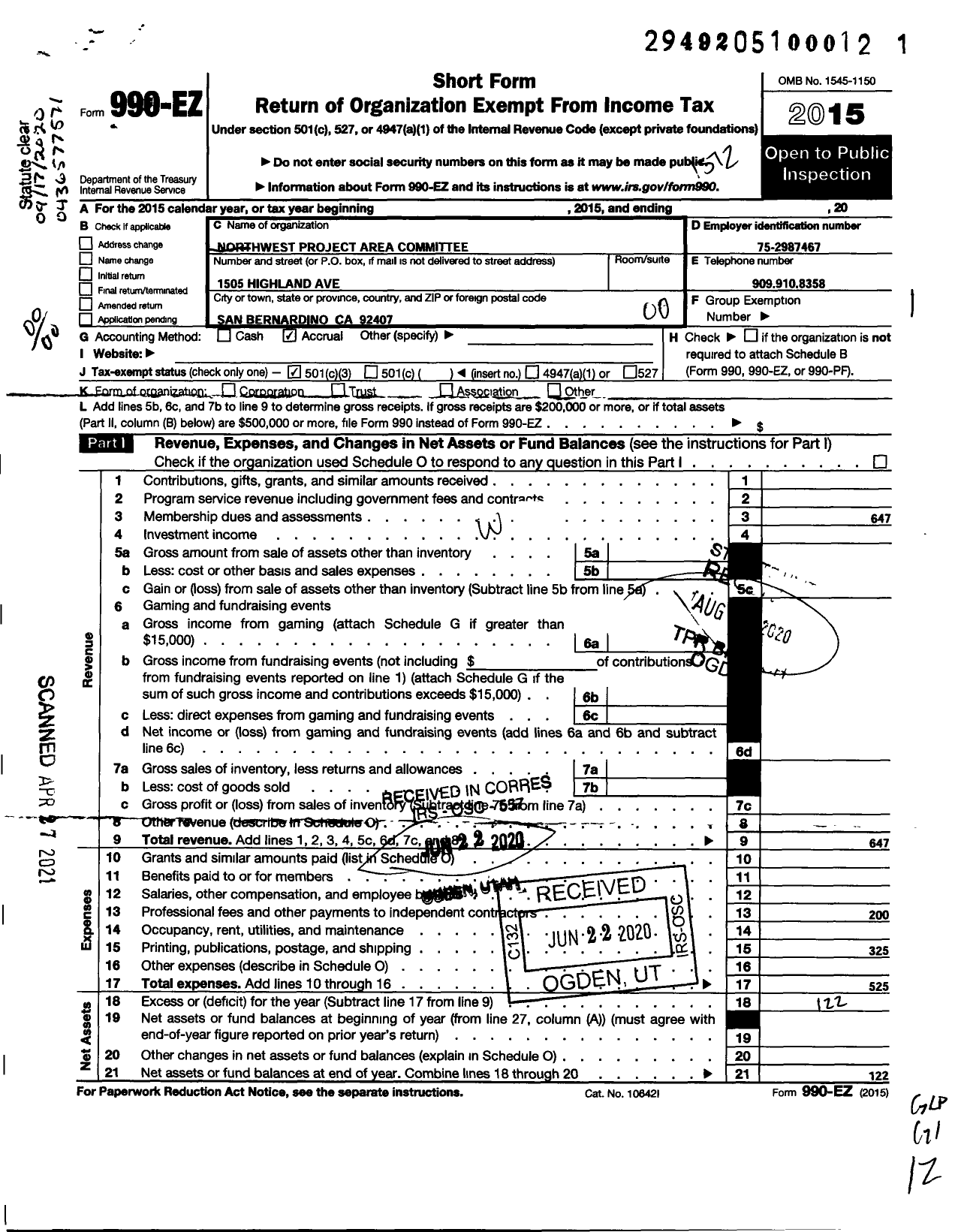 Image of first page of 2015 Form 990EO for Northwest Project Area Committee