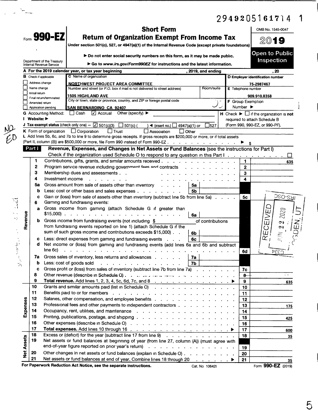 Image of first page of 2019 Form 990EO for Northwest Project Area Committee