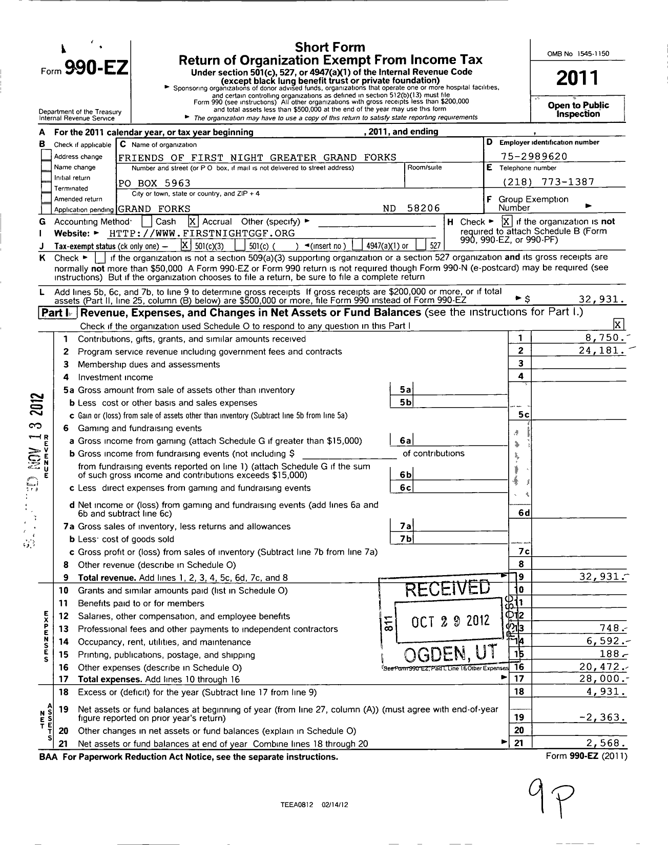 Image of first page of 2011 Form 990EZ for Friends of First Night Greater Grand Forks