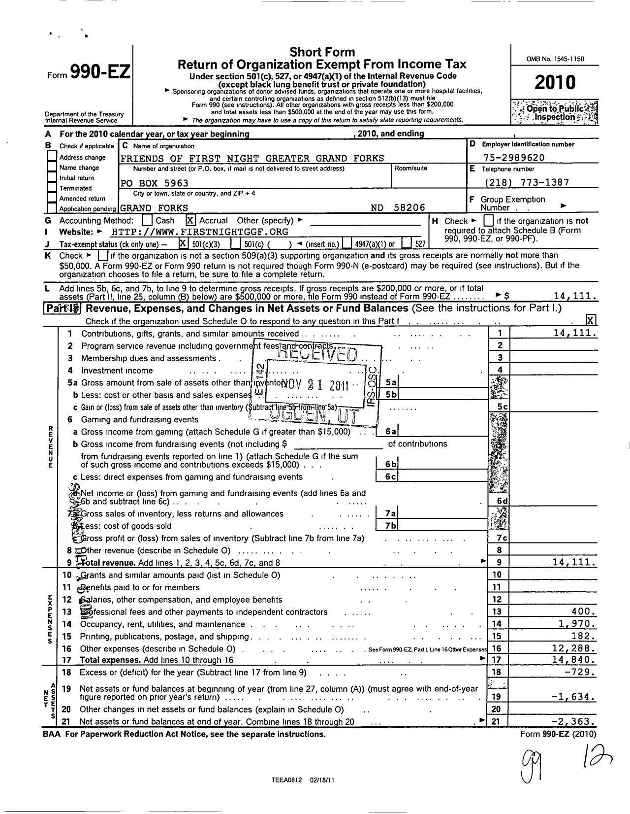 Image of first page of 2010 Form 990EZ for Friends of First Night Greater Grand Forks