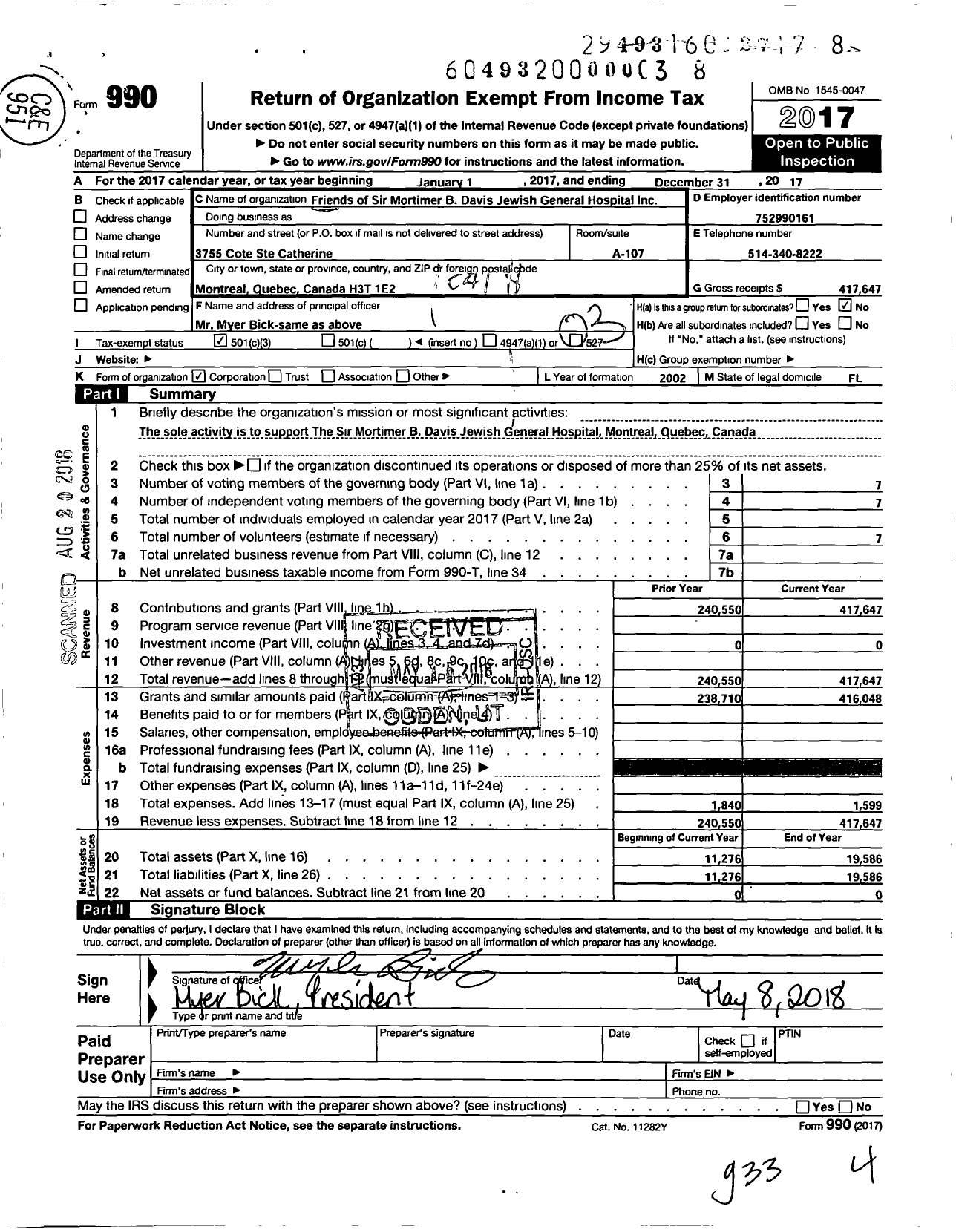 Image of first page of 2017 Form 990 for Friends of Sir Mortimer B Davis Jewish General Hospital