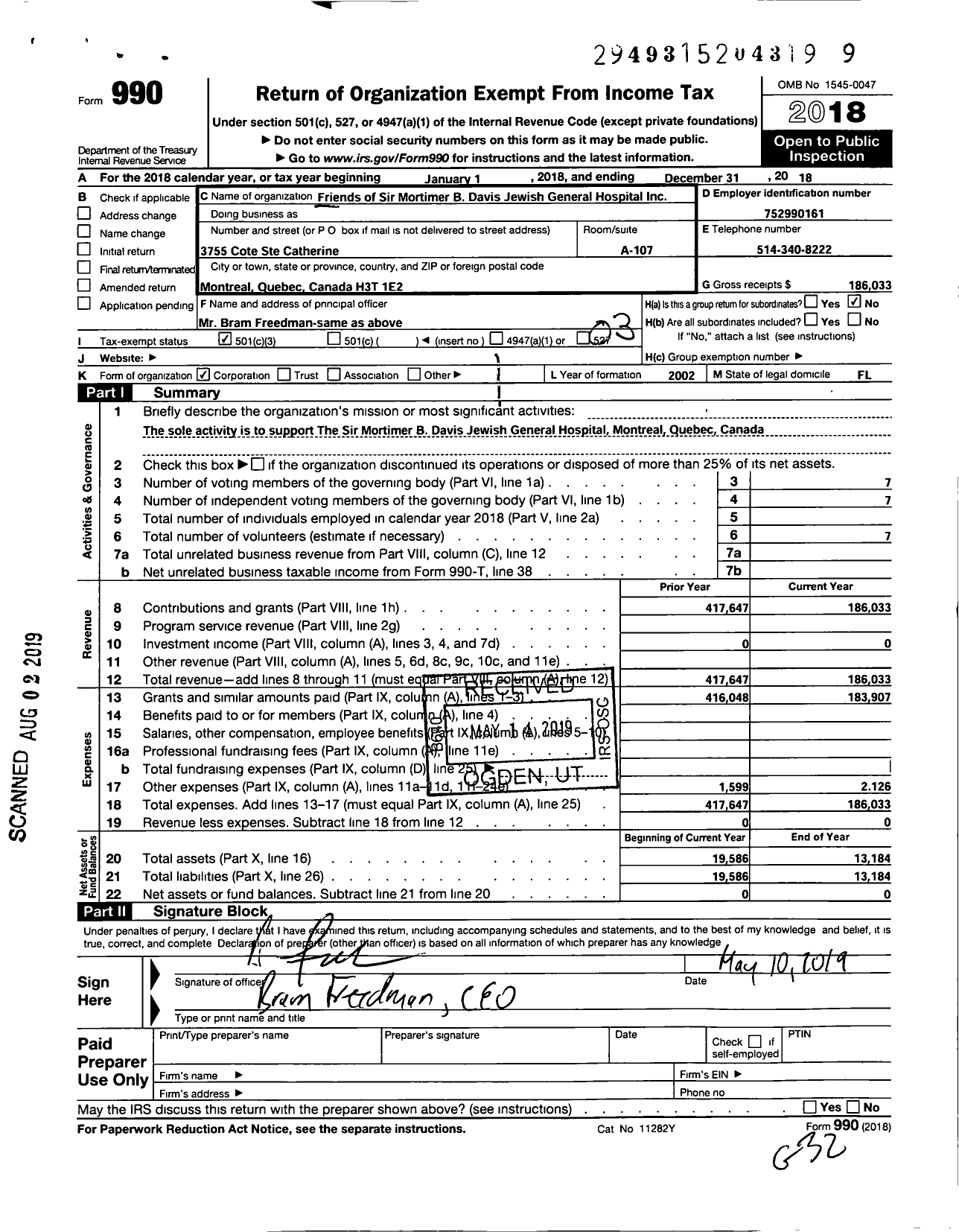 Image of first page of 2018 Form 990 for Friends of Sir Mortimer B Davis Jewish General Hospital