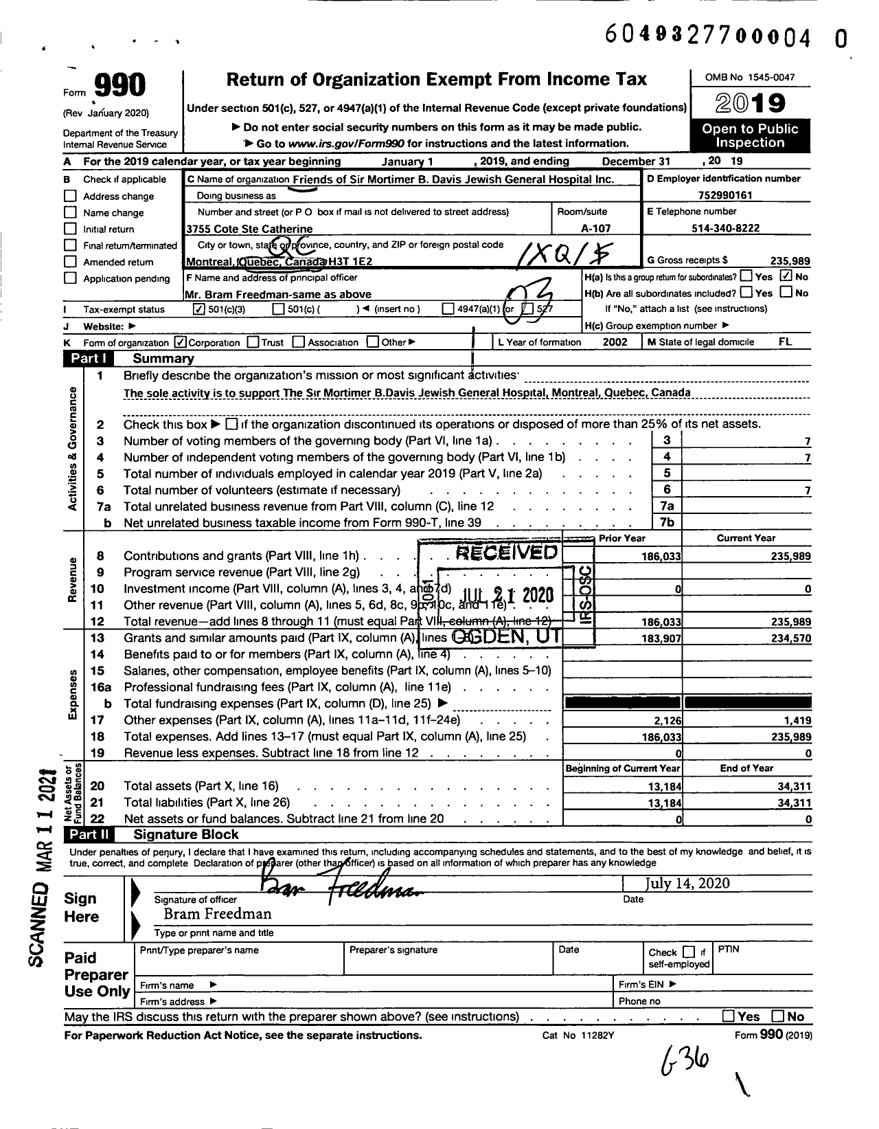 Image of first page of 2019 Form 990 for Friends of Sir Mortimer B Davis Jewish General Hospital