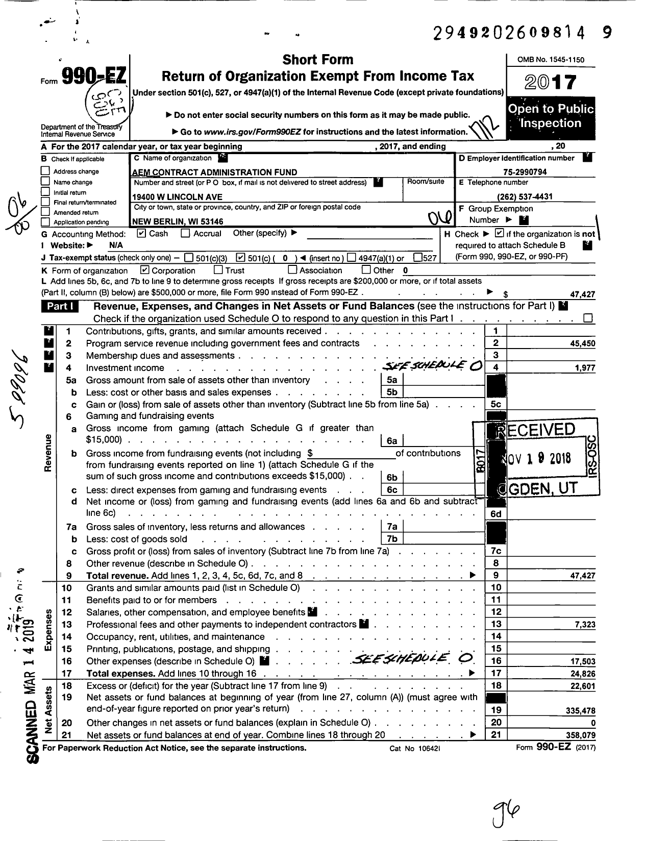 Image of first page of 2017 Form 990EO for Aem Contract Administration Fund