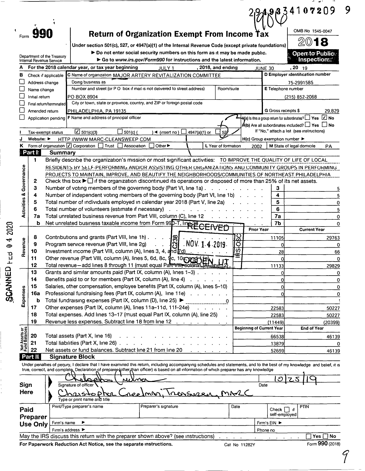 Image of first page of 2018 Form 990 for Major Artery Revitalization Committee