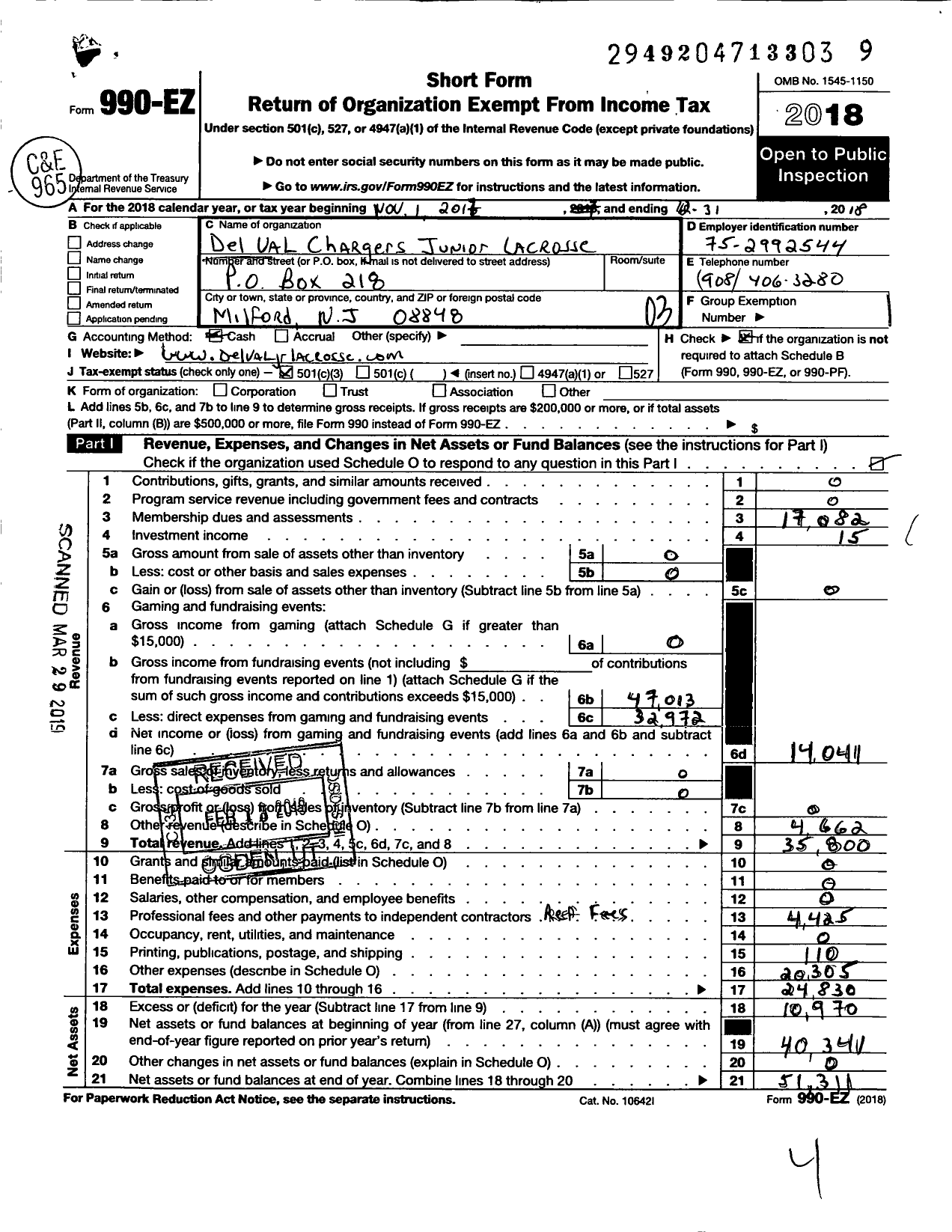 Image of first page of 2018 Form 990EZ for Del Val Chargers Junior Lacrosse