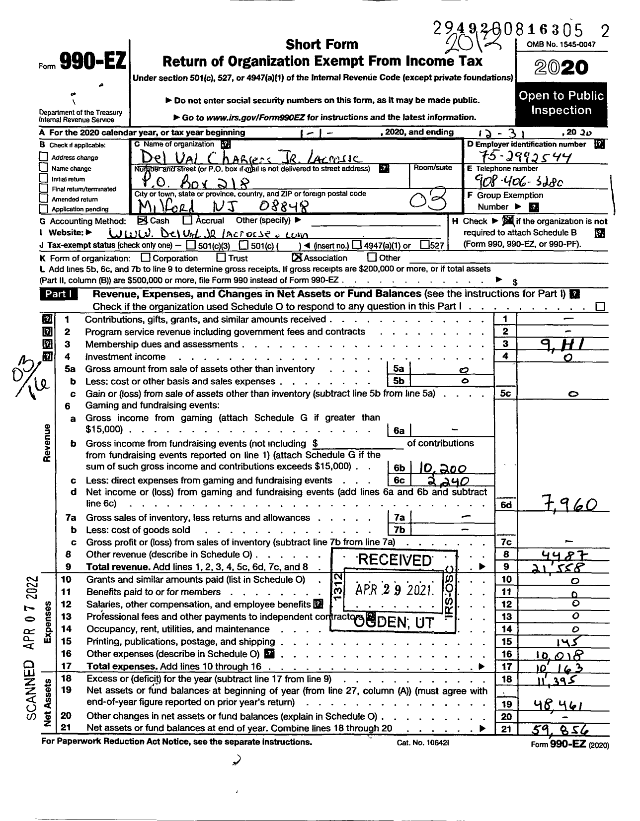 Image of first page of 2020 Form 990EZ for Del Val Chargers Junior Lacrosse