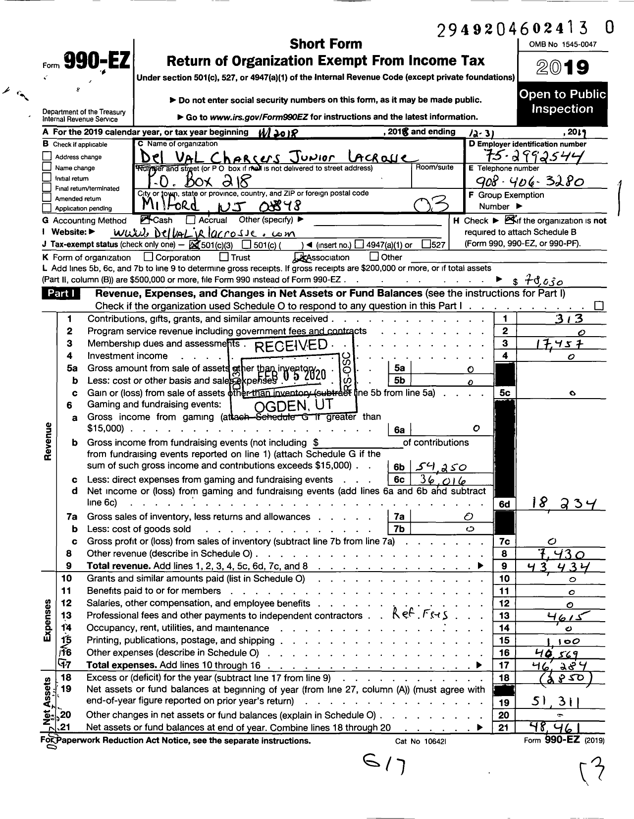 Image of first page of 2019 Form 990EZ for Del Val Chargers Junior Lacrosse