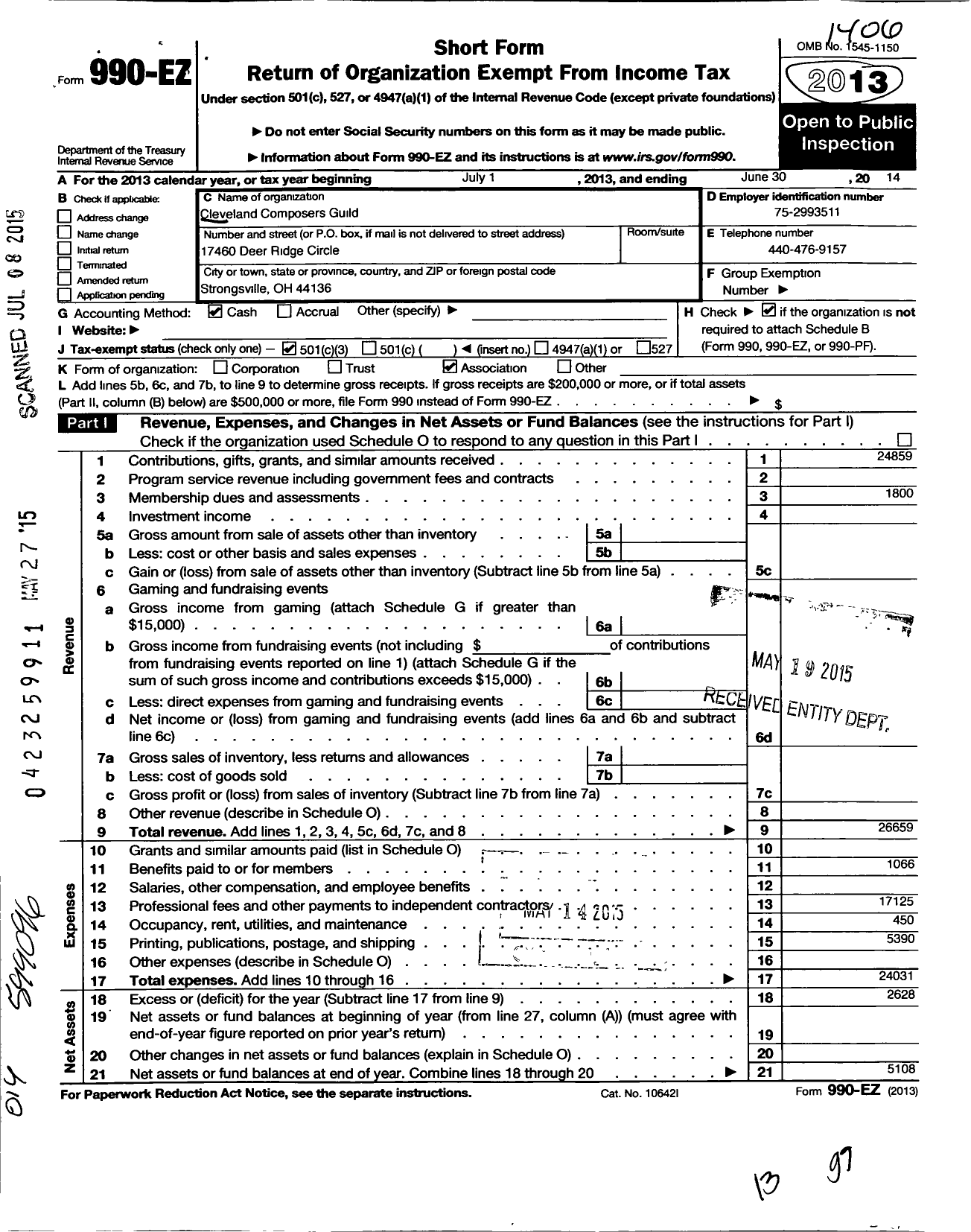 Image of first page of 2013 Form 990EZ for Cleveland Composers Guild