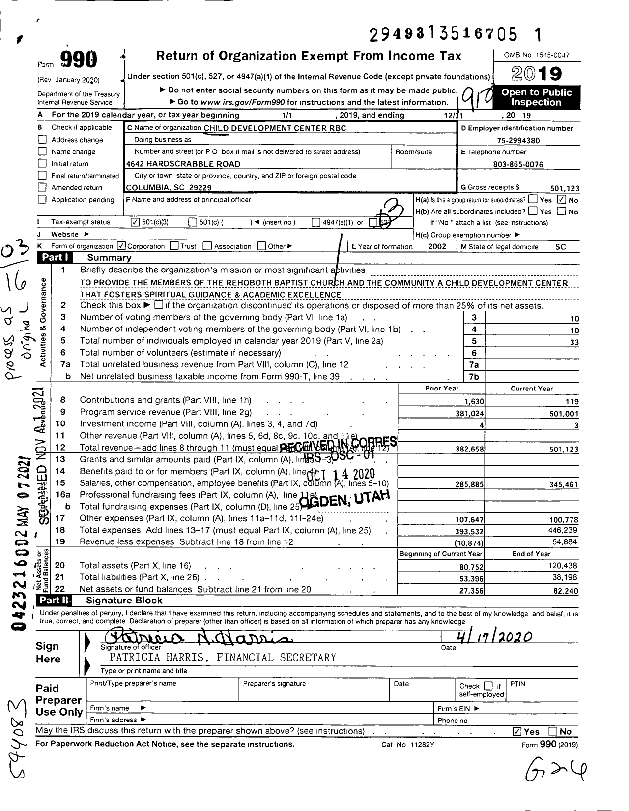 Image of first page of 2019 Form 990 for Child Development Center RBC