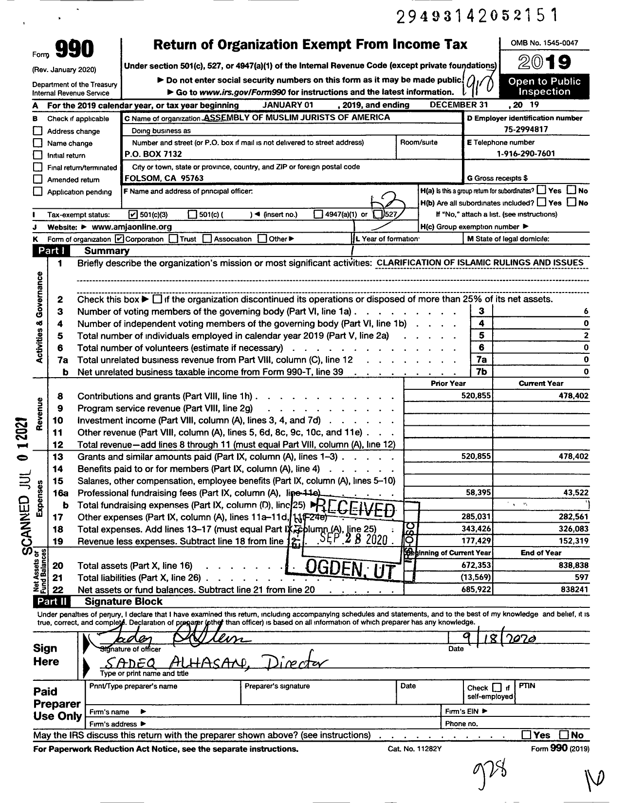 Image of first page of 2019 Form 990 for Assembly of Muslim Jurists in North America and Europe