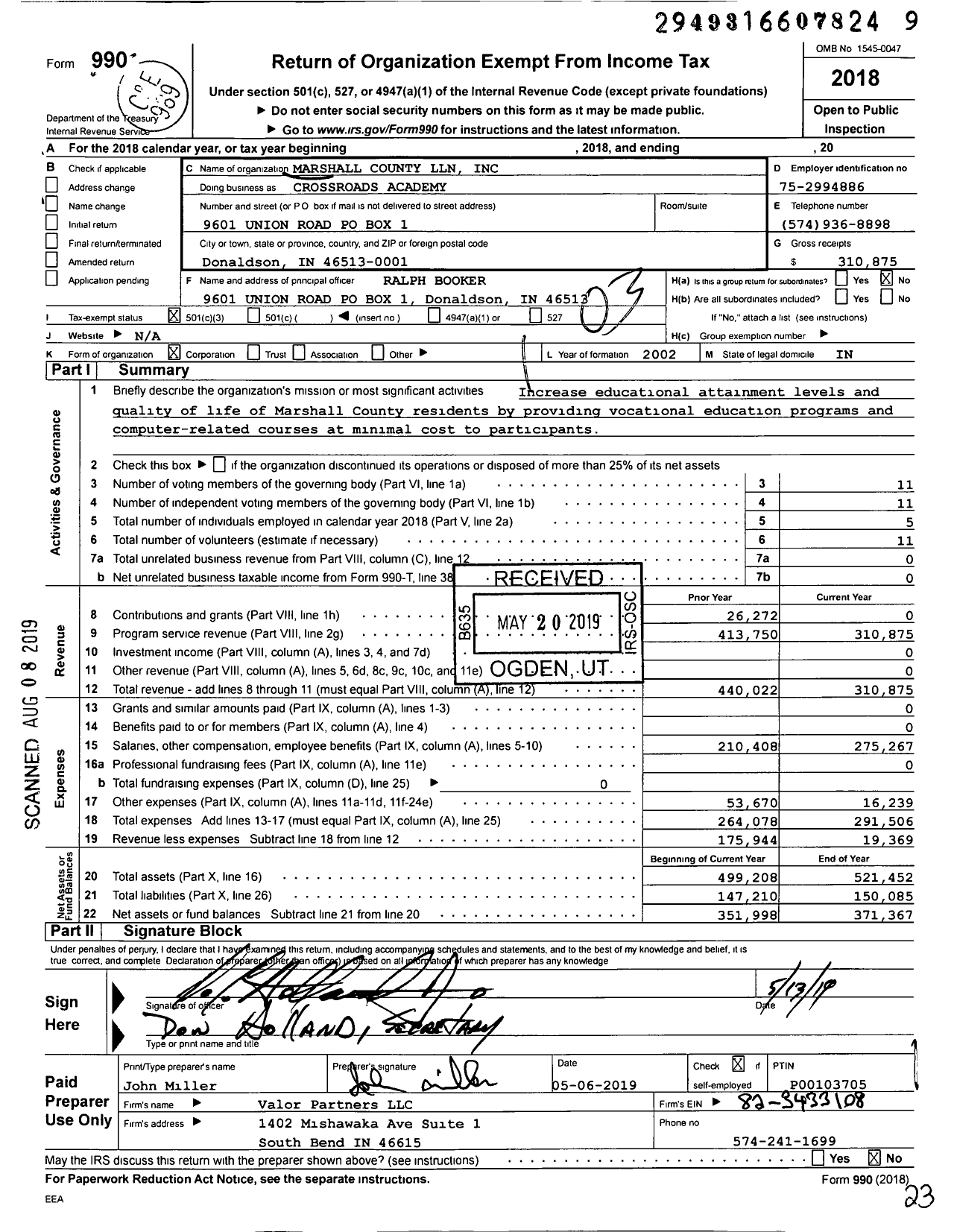 Image of first page of 2018 Form 990 for Crossroads Academy / Marshall Co LLN Inc