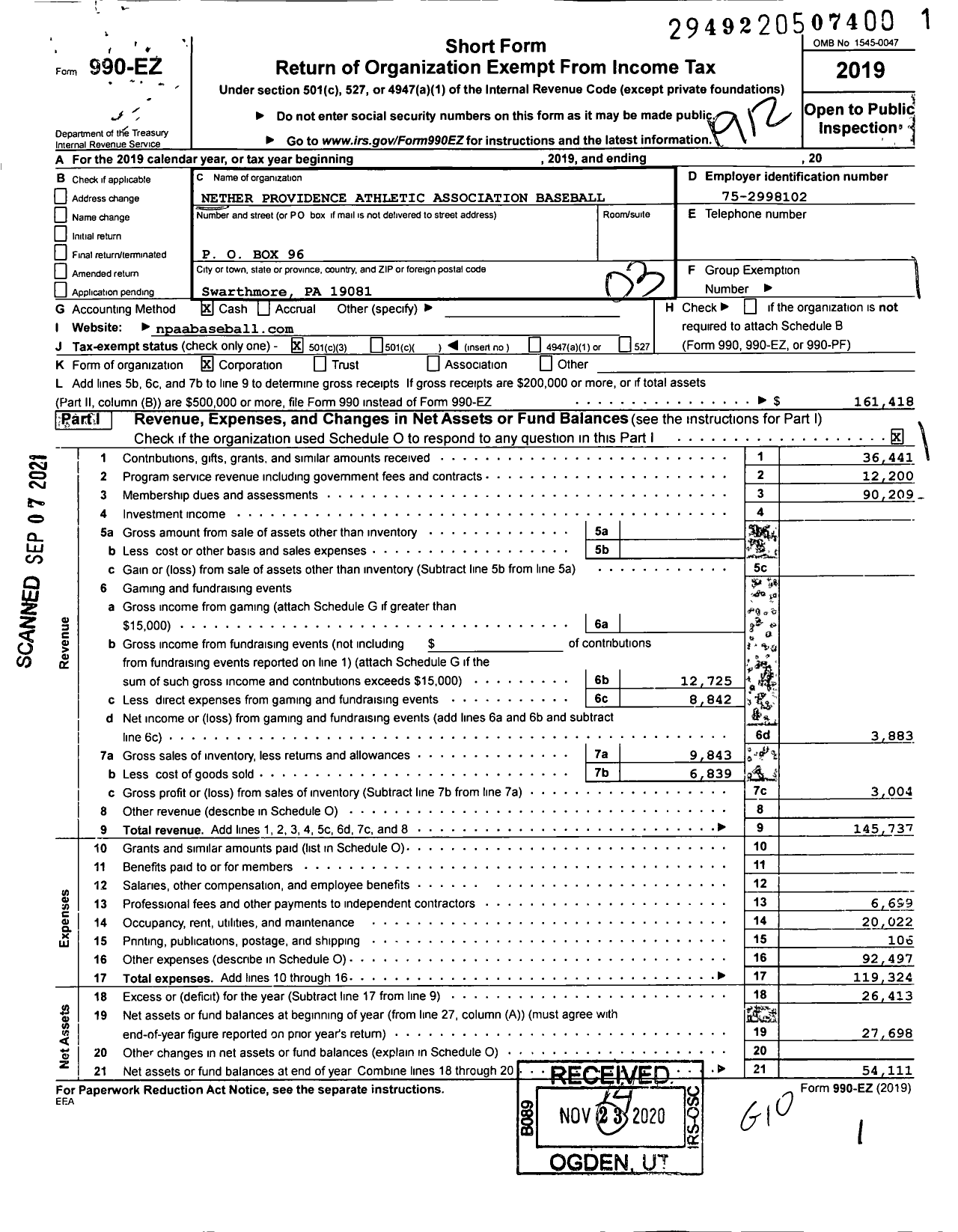 Image of first page of 2019 Form 990EZ for Nether Providence Athletic Association Baseball