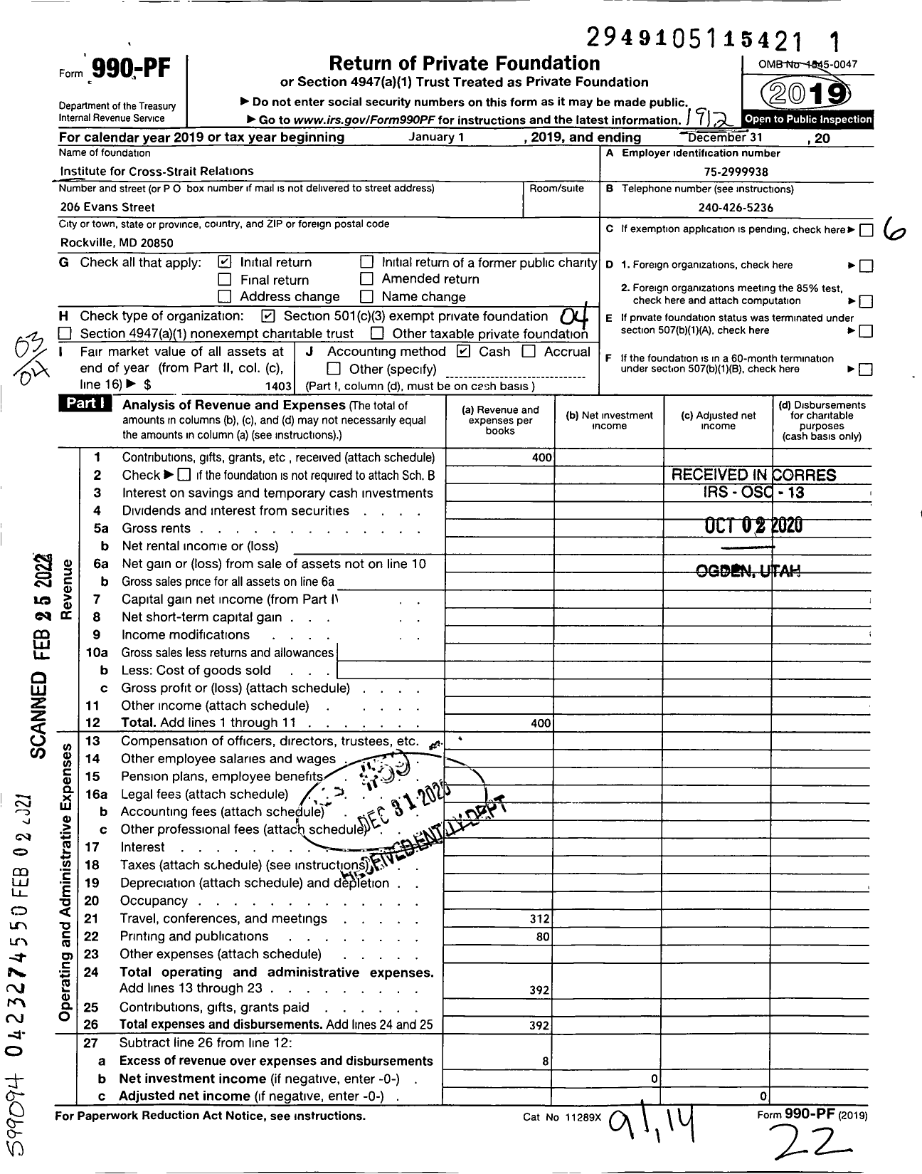 Image of first page of 2019 Form 990PF for Institute for Cross-Strait Relations