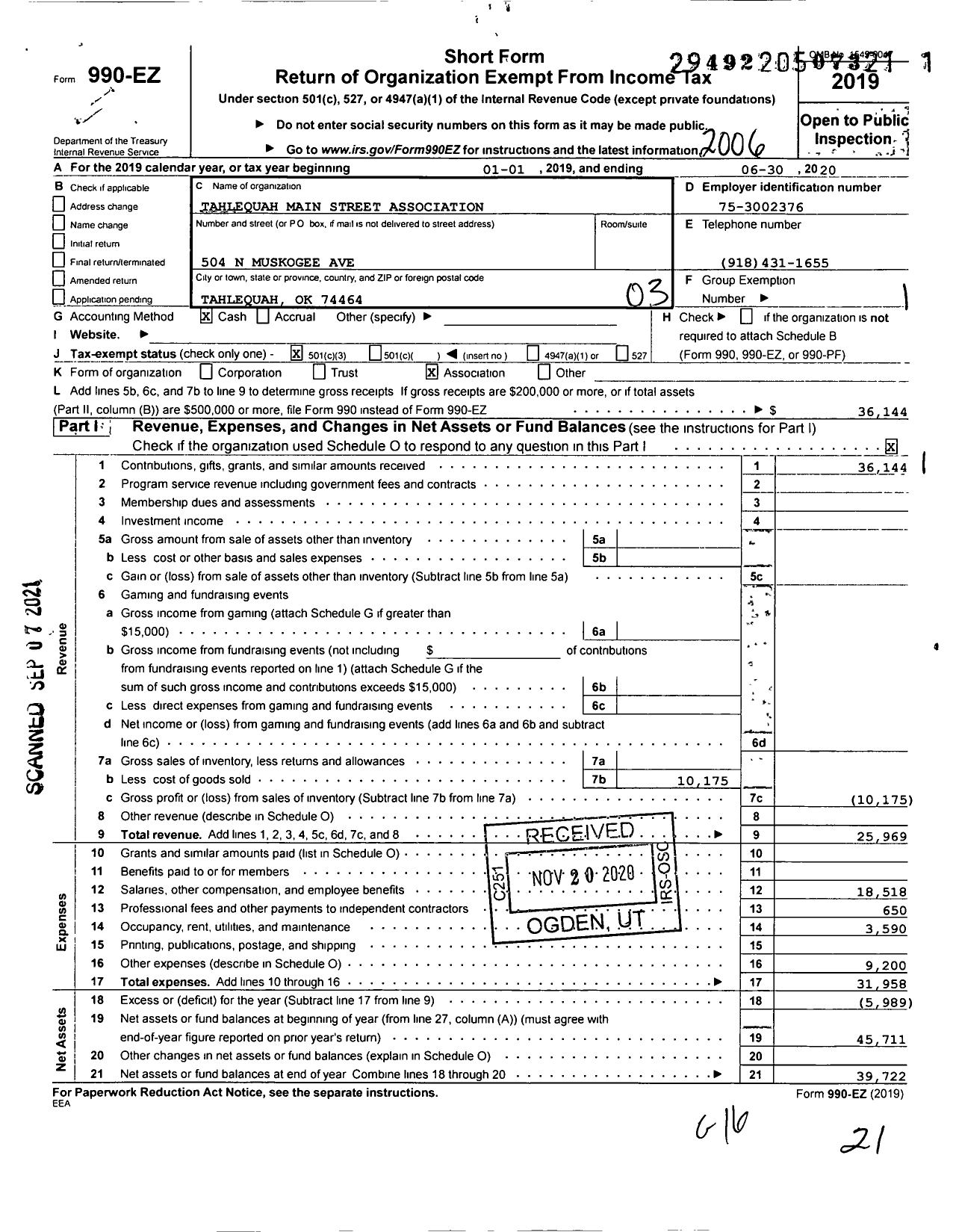 Image of first page of 2019 Form 990EZ for Tahlequah Main Street Association