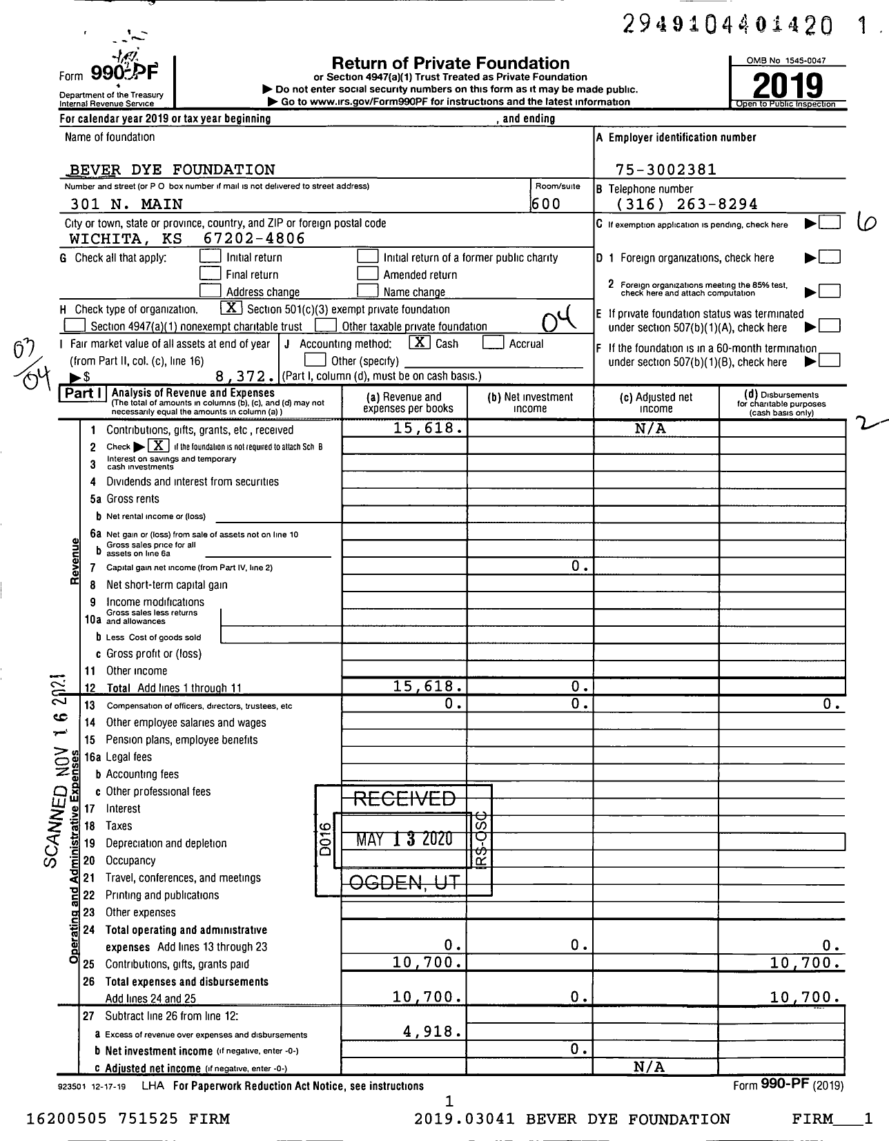 Image of first page of 2019 Form 990PF for Bever Dye Foundation