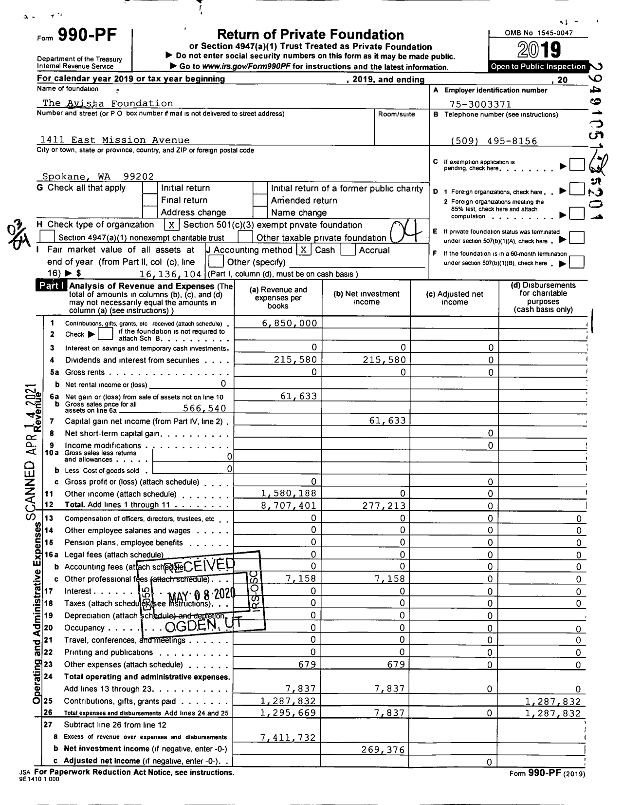 Image of first page of 2019 Form 990PF for The Avista Foundation