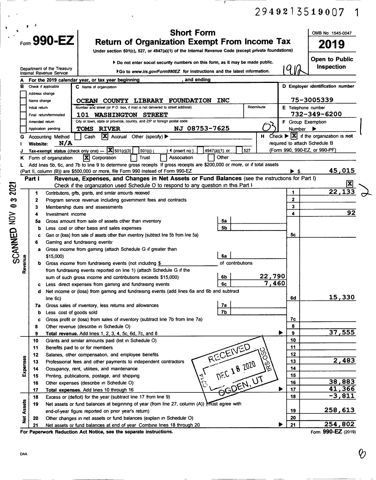 Image of first page of 2019 Form 990EZ for Ocean County Library Foundation