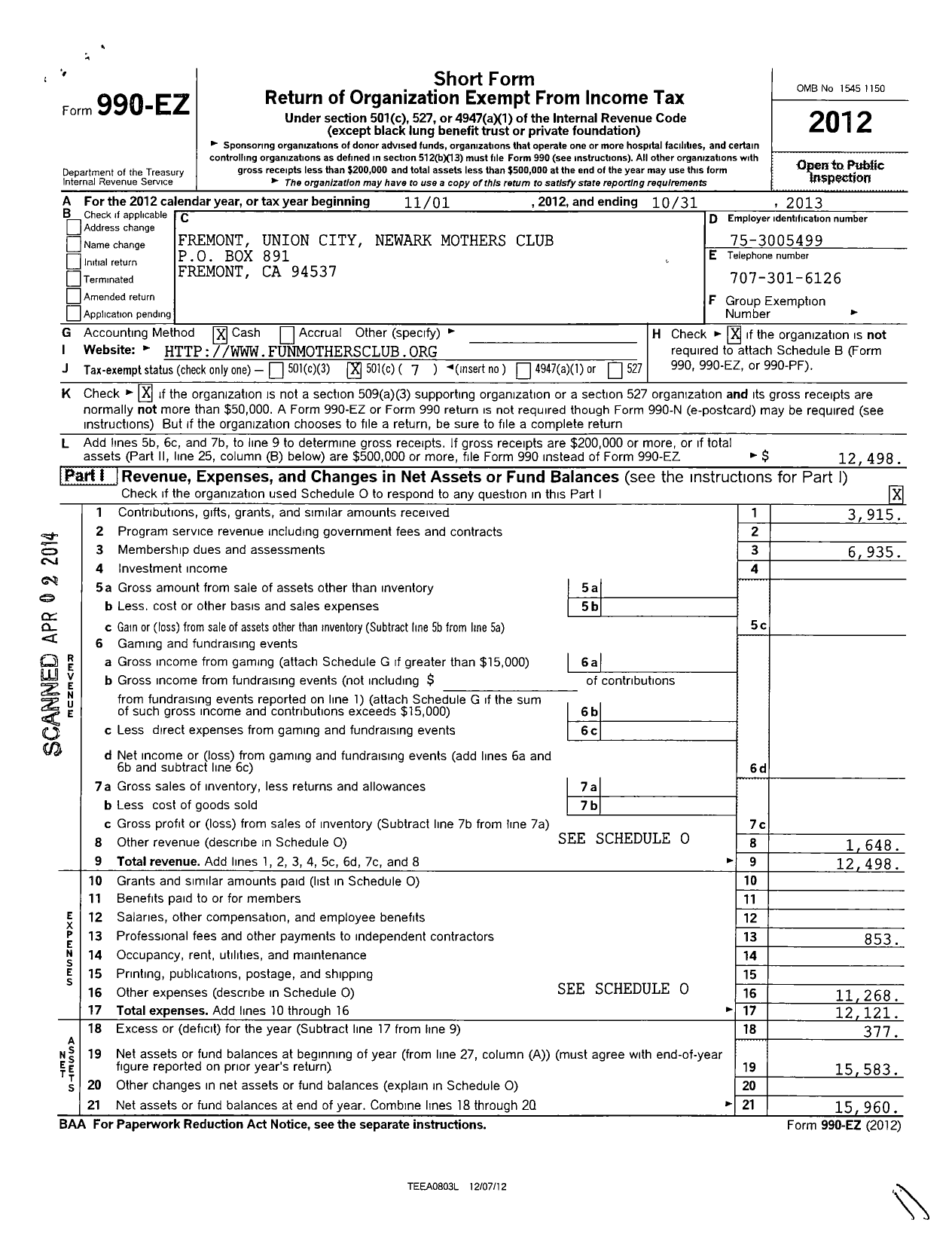 Image of first page of 2012 Form 990EO for Fremont Union City Newark Mothers Club