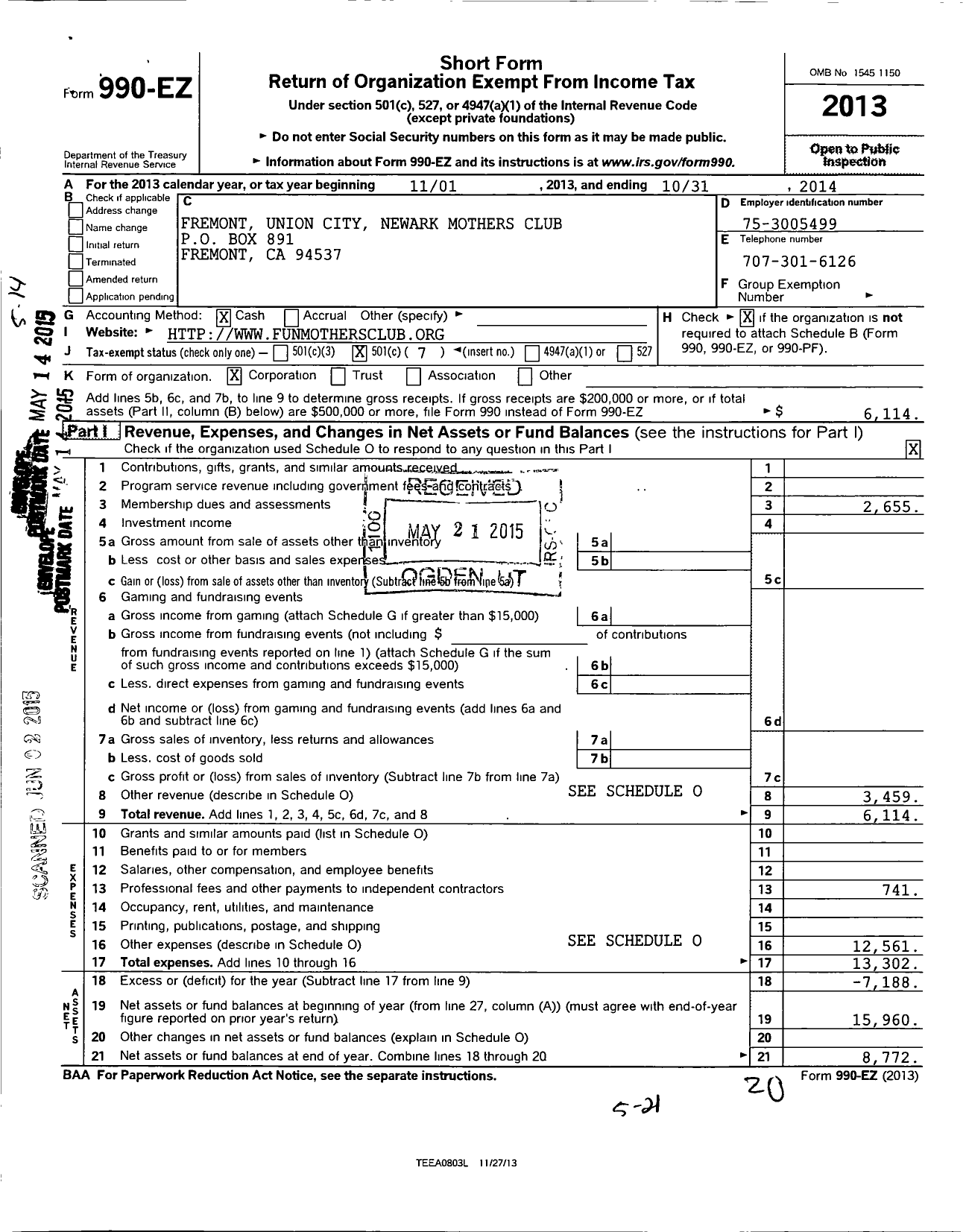 Image of first page of 2013 Form 990EO for Fremont Union City Newark Mothers Club