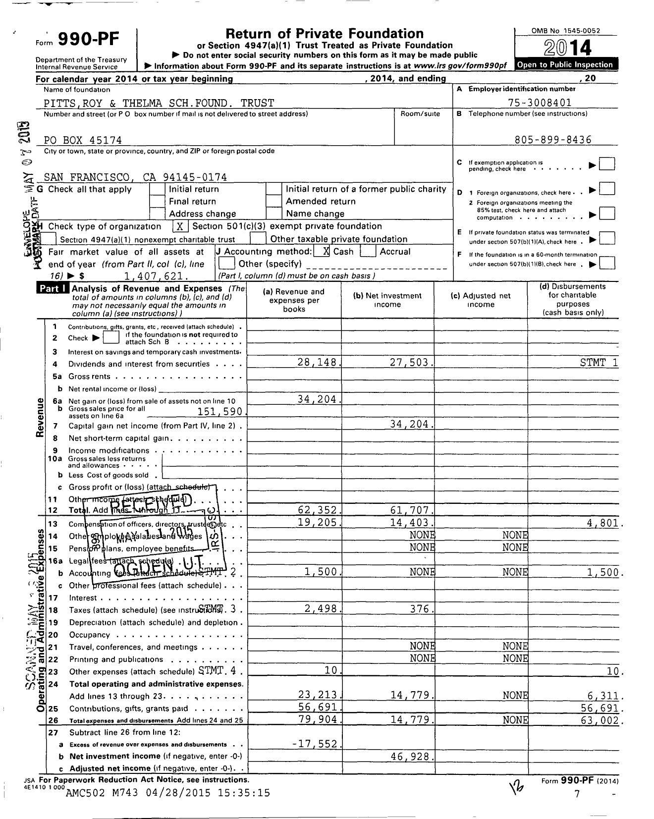 Image of first page of 2014 Form 990PF for Pittsroy and Thelma Schfound Trust