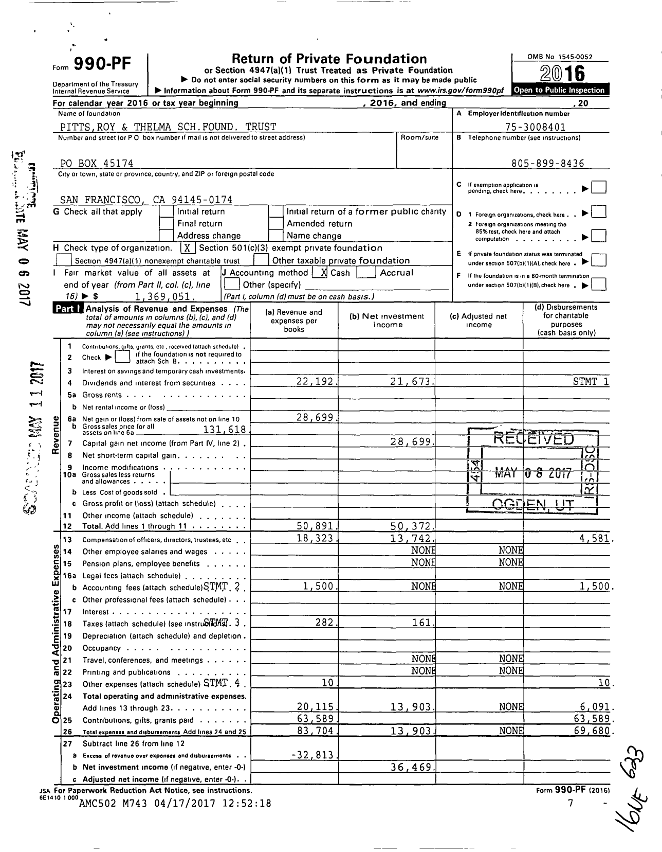 Image of first page of 2016 Form 990PF for Pittsroy and Thelma Schfound Trust