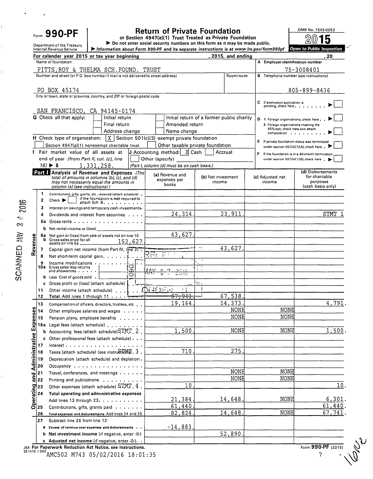 Image of first page of 2015 Form 990PF for Pittsroy and Thelma Schfound Trust
