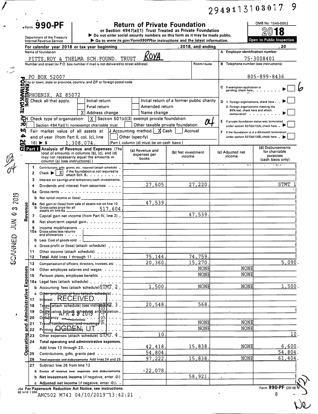 Image of first page of 2018 Form 990PF for Pittsroy and Thelma Schfound Trust