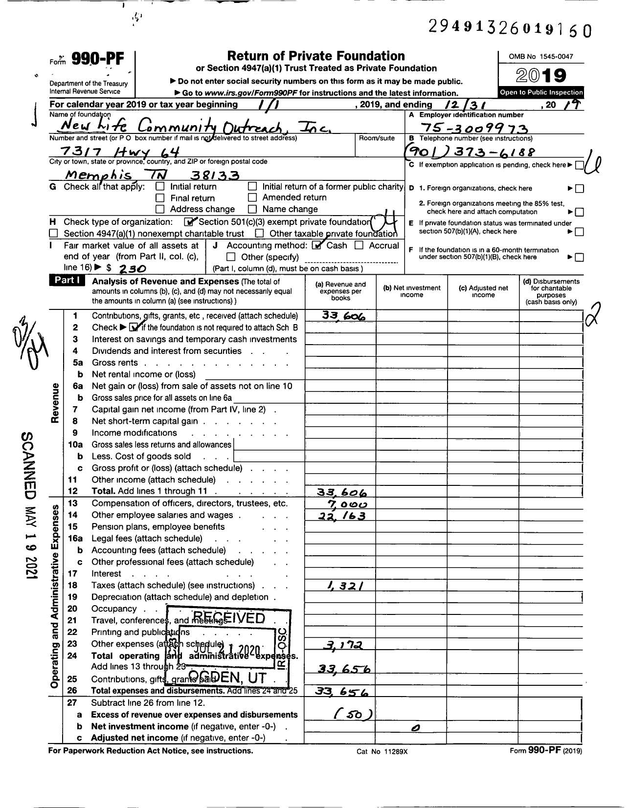 Image of first page of 2019 Form 990PF for New Life Community Outreach New Life Community Outreach