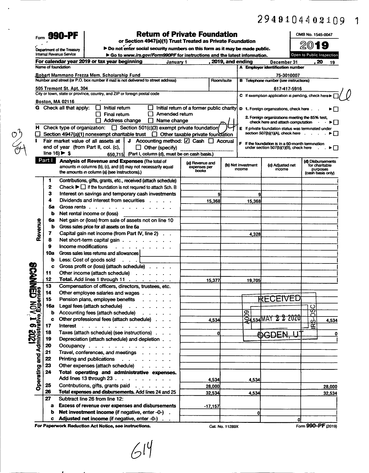 Image of first page of 2019 Form 990PF for Robert Mammano Frezza Memorial Scholarship Fund