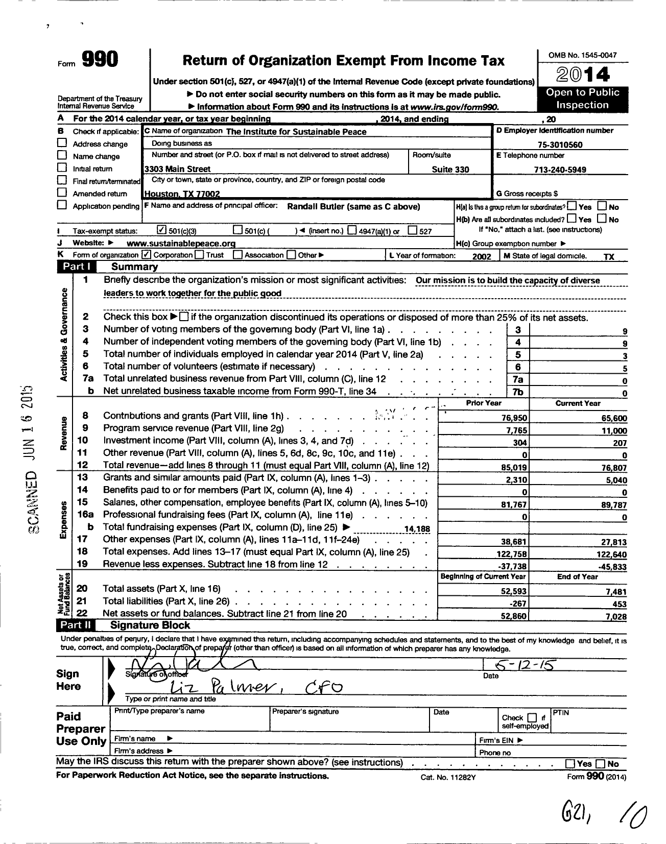 Image of first page of 2014 Form 990 for Institute for Sustainable Peace