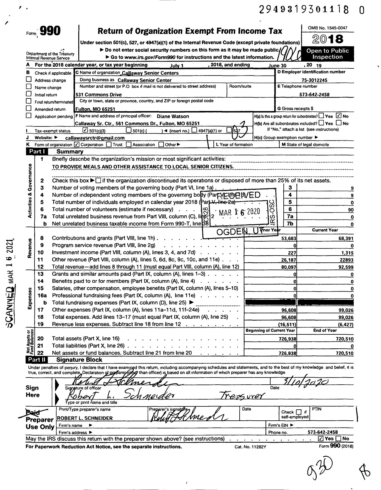 Image of first page of 2018 Form 990 for Callaway Senior Centers