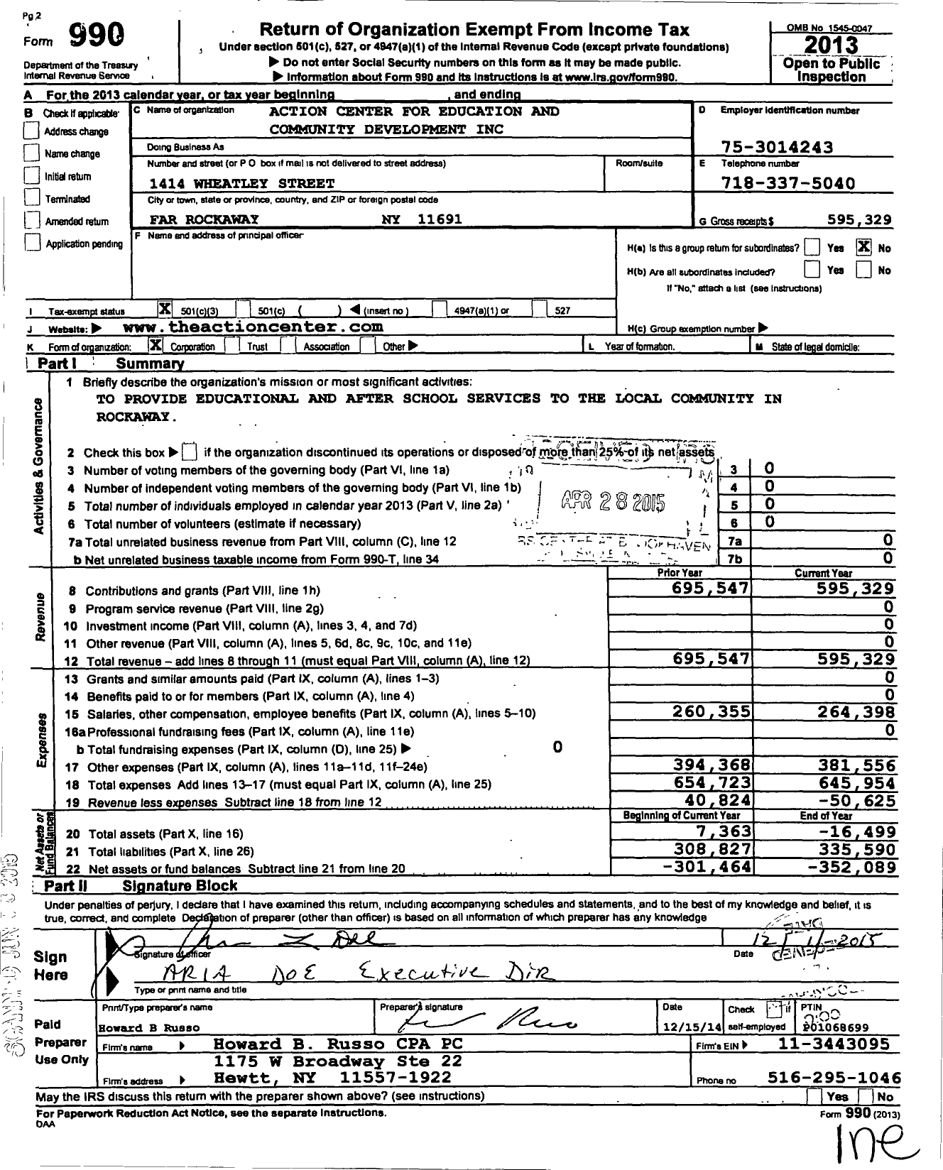 Image of first page of 2013 Form 990 for Action Center for Education and Community Development