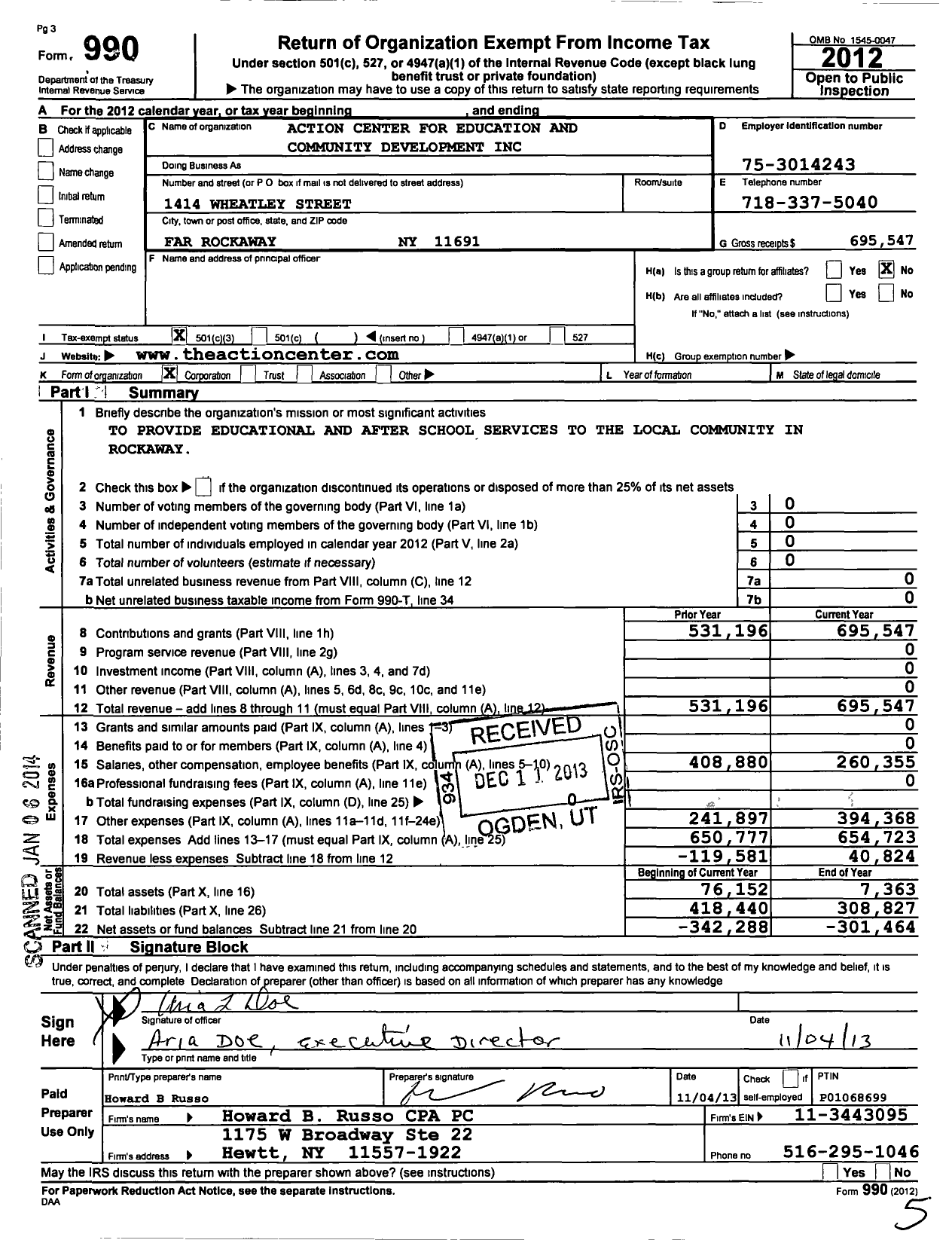 Image of first page of 2012 Form 990 for Action Center for Education and Community Development