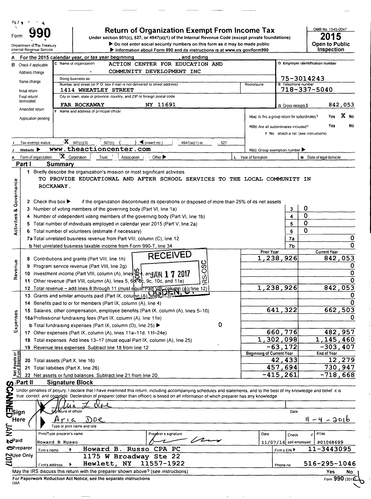 Image of first page of 2015 Form 990 for Action Center for Education and Community Development