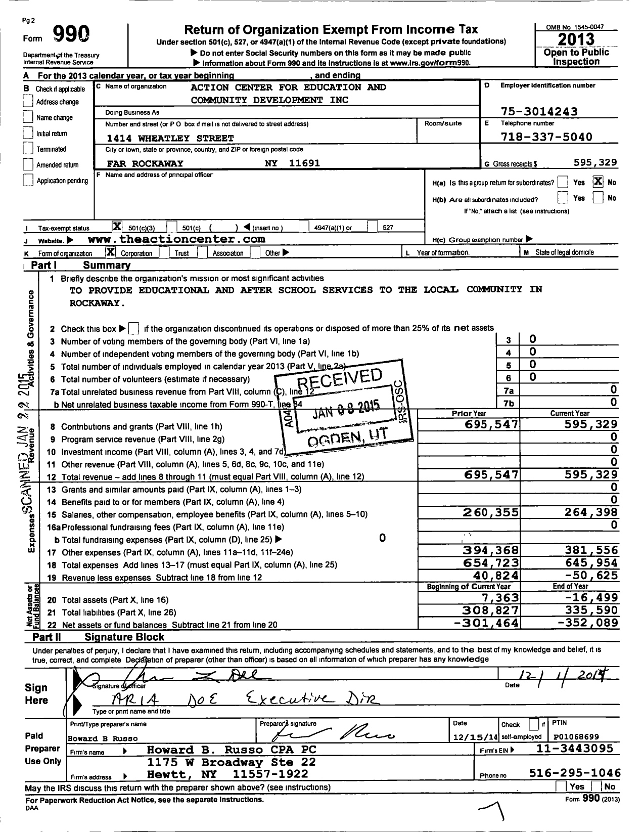 Image of first page of 2013 Form 990 for Action Center for Education and Community Development