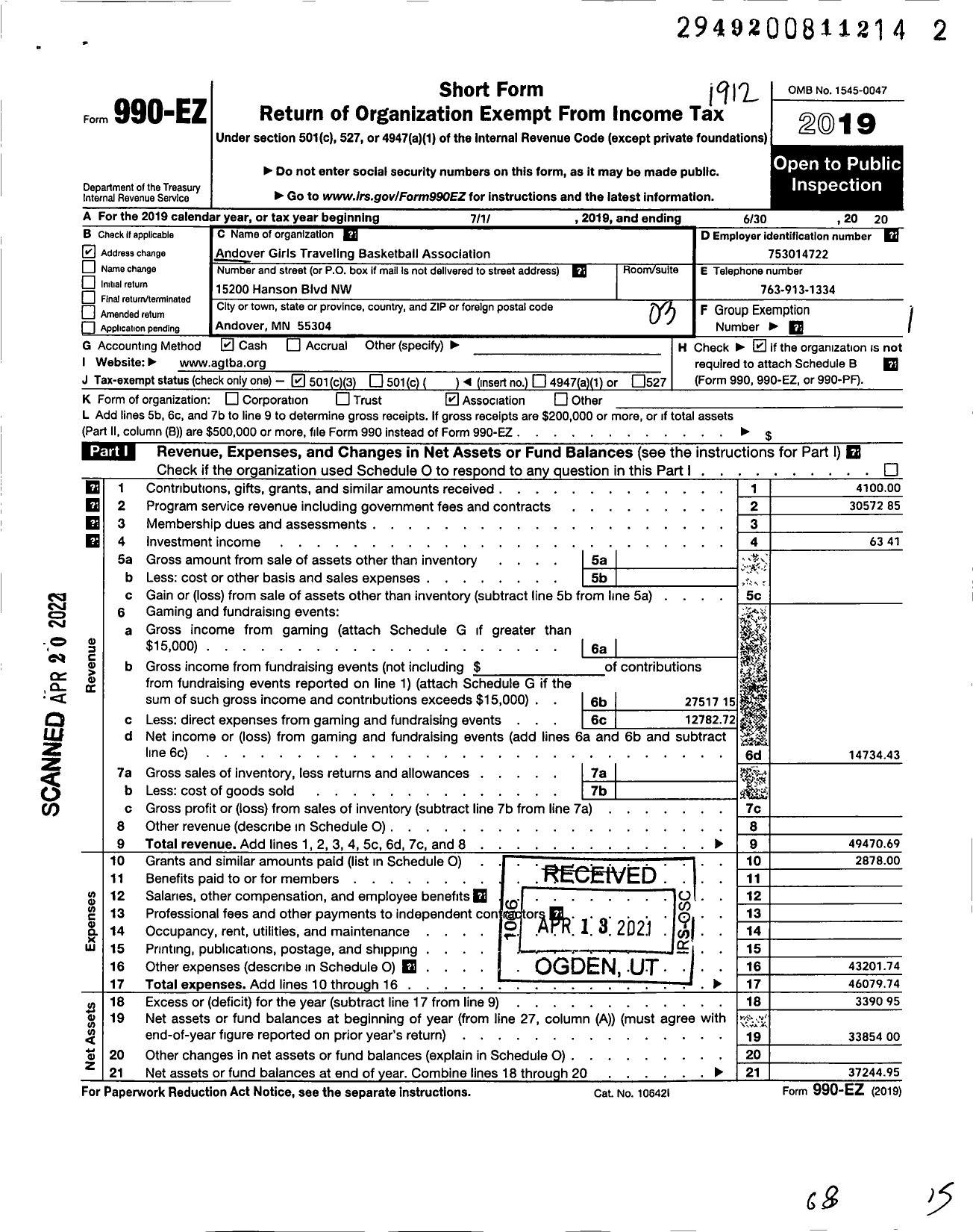 Image of first page of 2019 Form 990EZ for Andover Girls Traveling Basketball Association