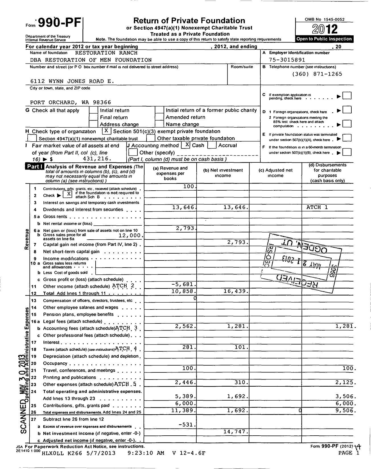 Image of first page of 2012 Form 990PF for Restoration Ranch / Restoration of Men Foundation