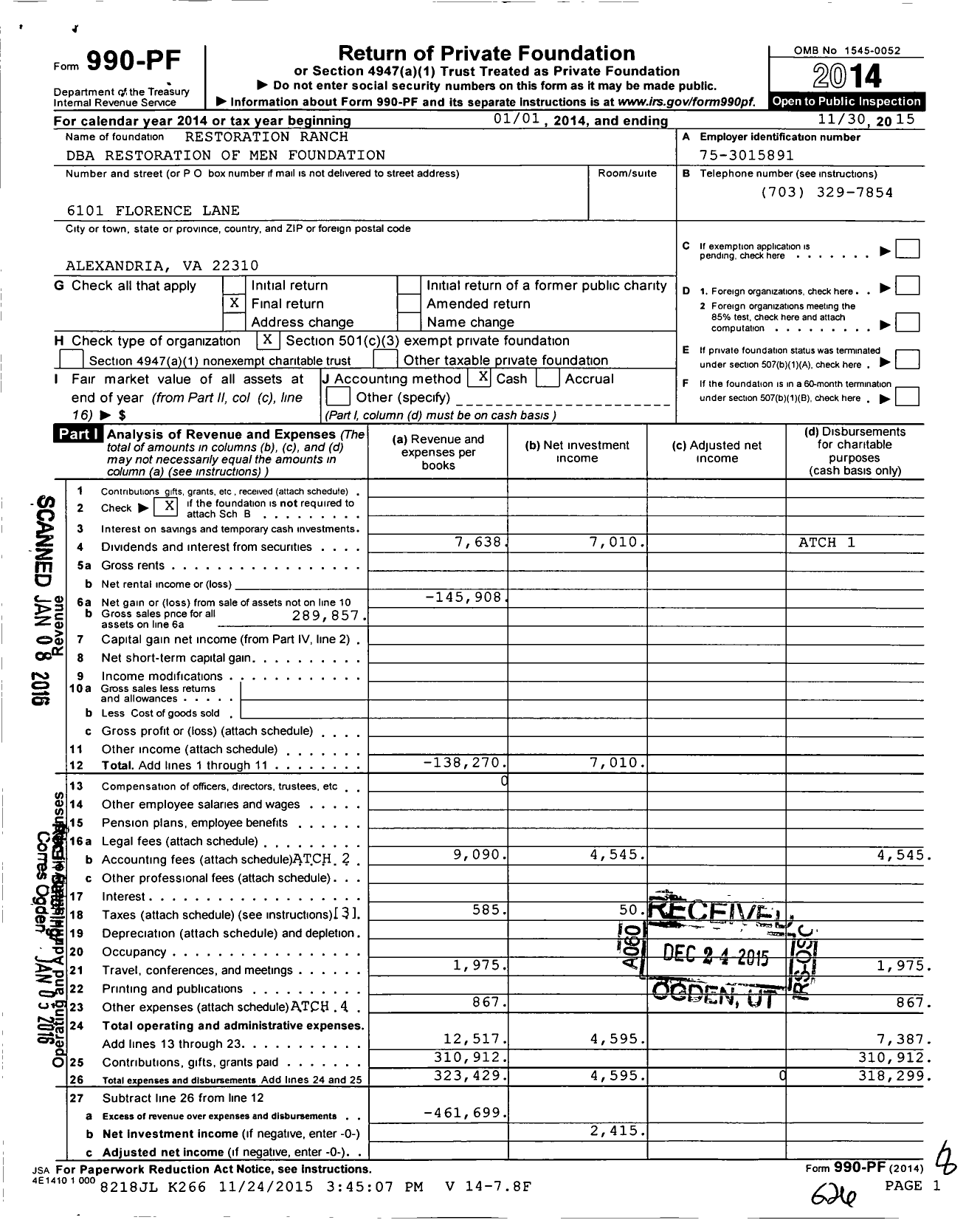 Image of first page of 2014 Form 990PF for Restoration Ranch / Restoration of Men Foundation