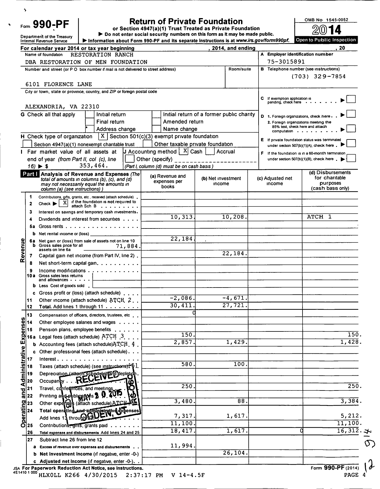 Image of first page of 2014 Form 990PF for Restoration Ranch / Restoration of Men Foundation