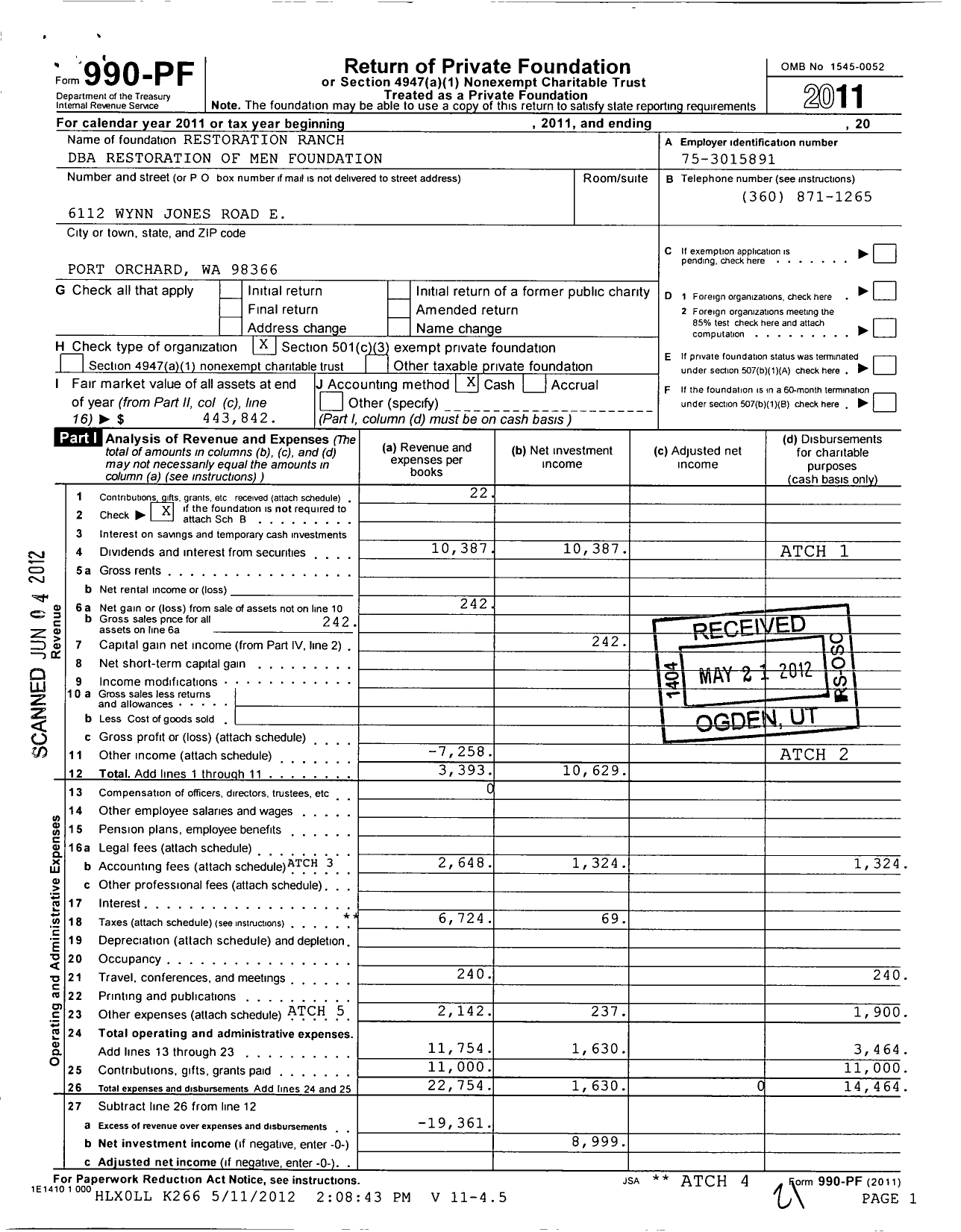 Image of first page of 2011 Form 990PF for Restoration Ranch / Restoration of Men Foundation