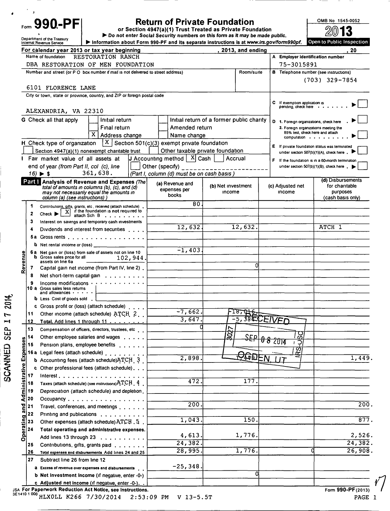 Image of first page of 2013 Form 990PF for Restoration Ranch / Restoration of Men Foundation