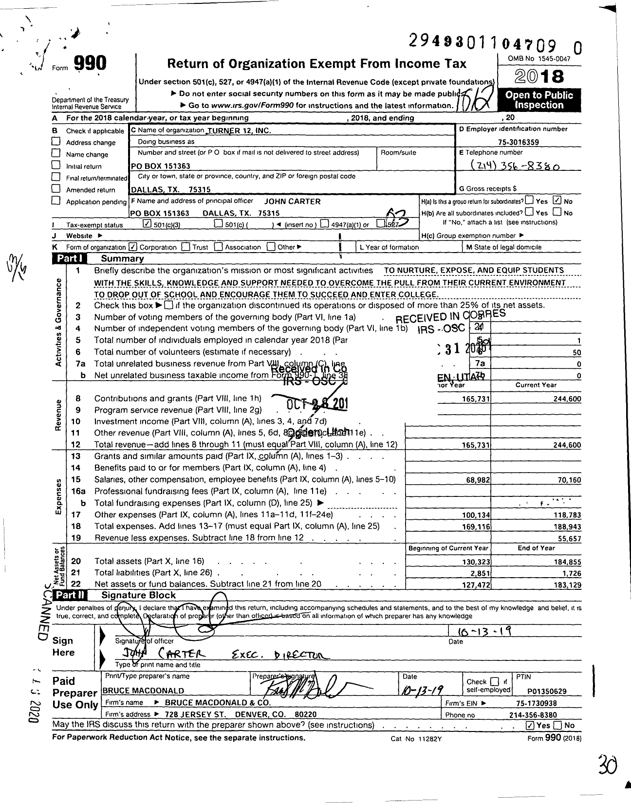 Image of first page of 2018 Form 990 for Turner 12