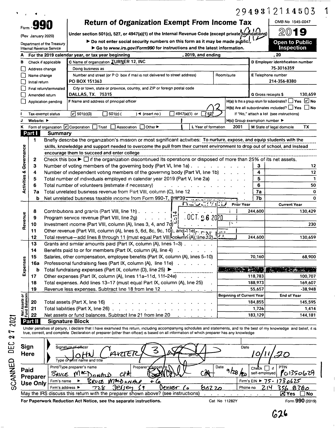 Image of first page of 2019 Form 990 for Turner 12