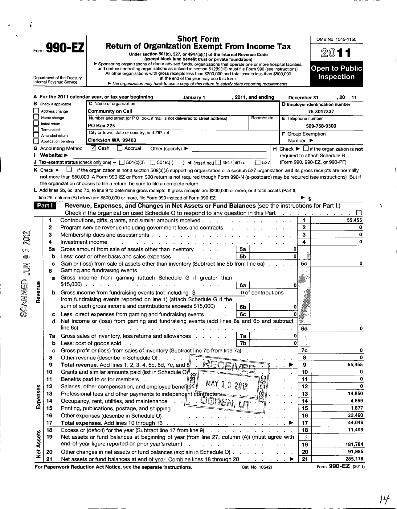 Image of first page of 2011 Form 990EO for Community on Call