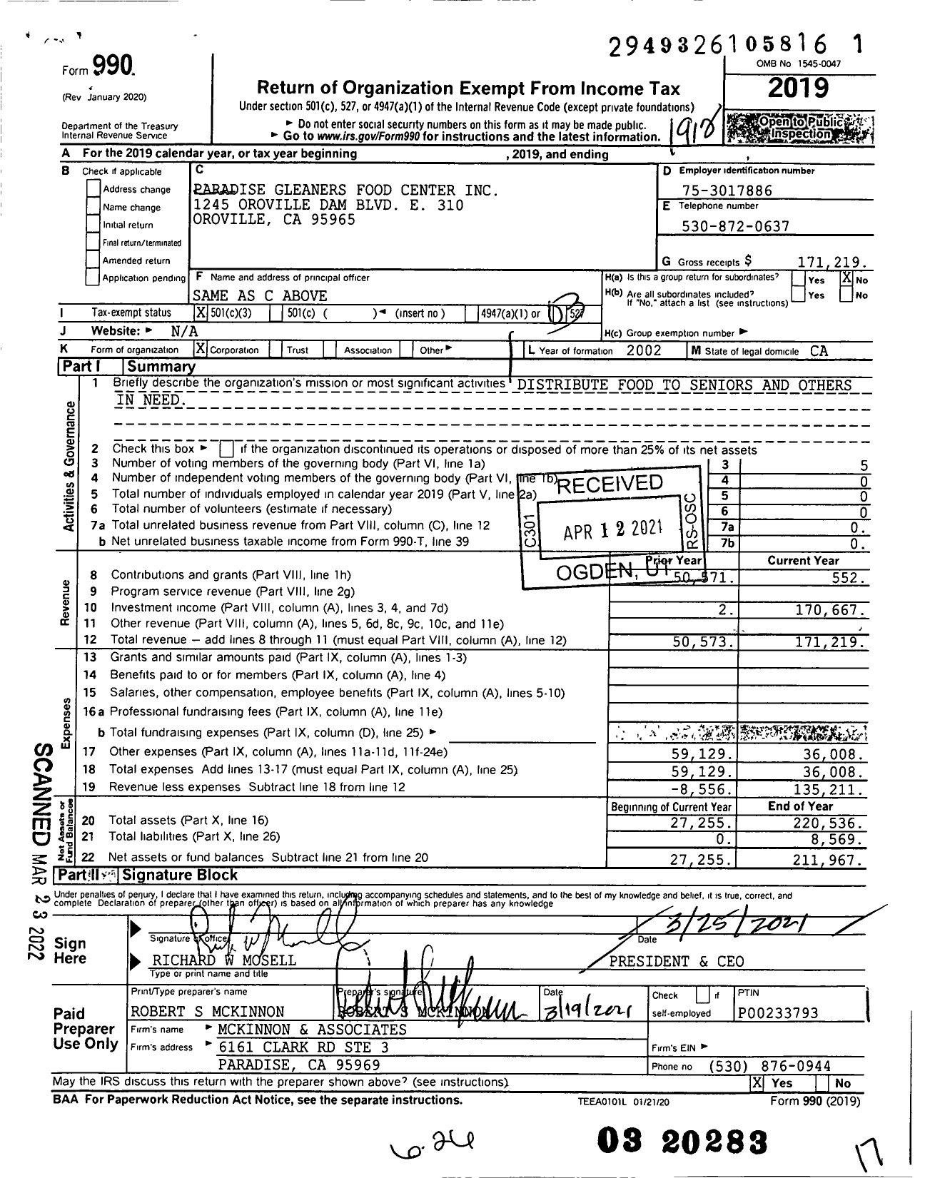 Image of first page of 2019 Form 990 for Paradise Gleaners Food Center