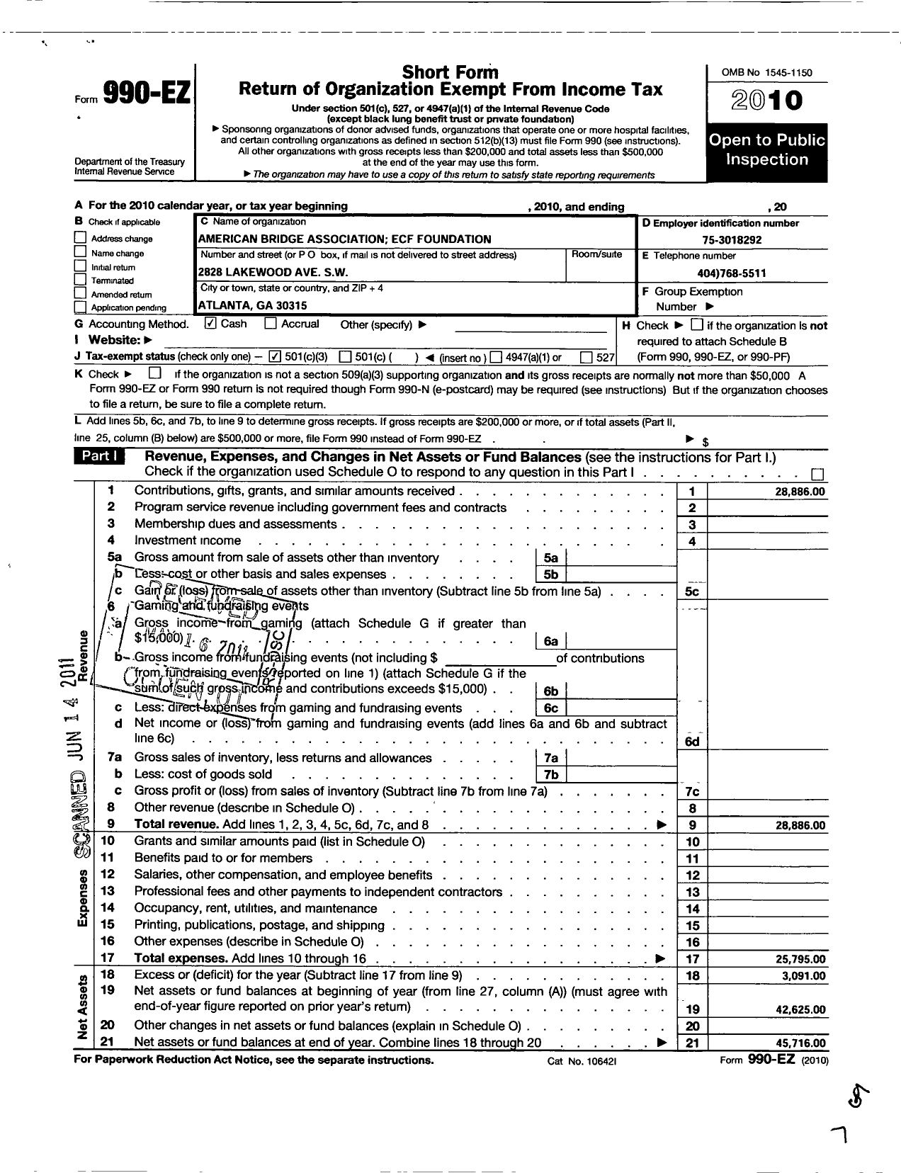 Image of first page of 2010 Form 990EZ for American Bridge Association Educational and Charitable Foundtn