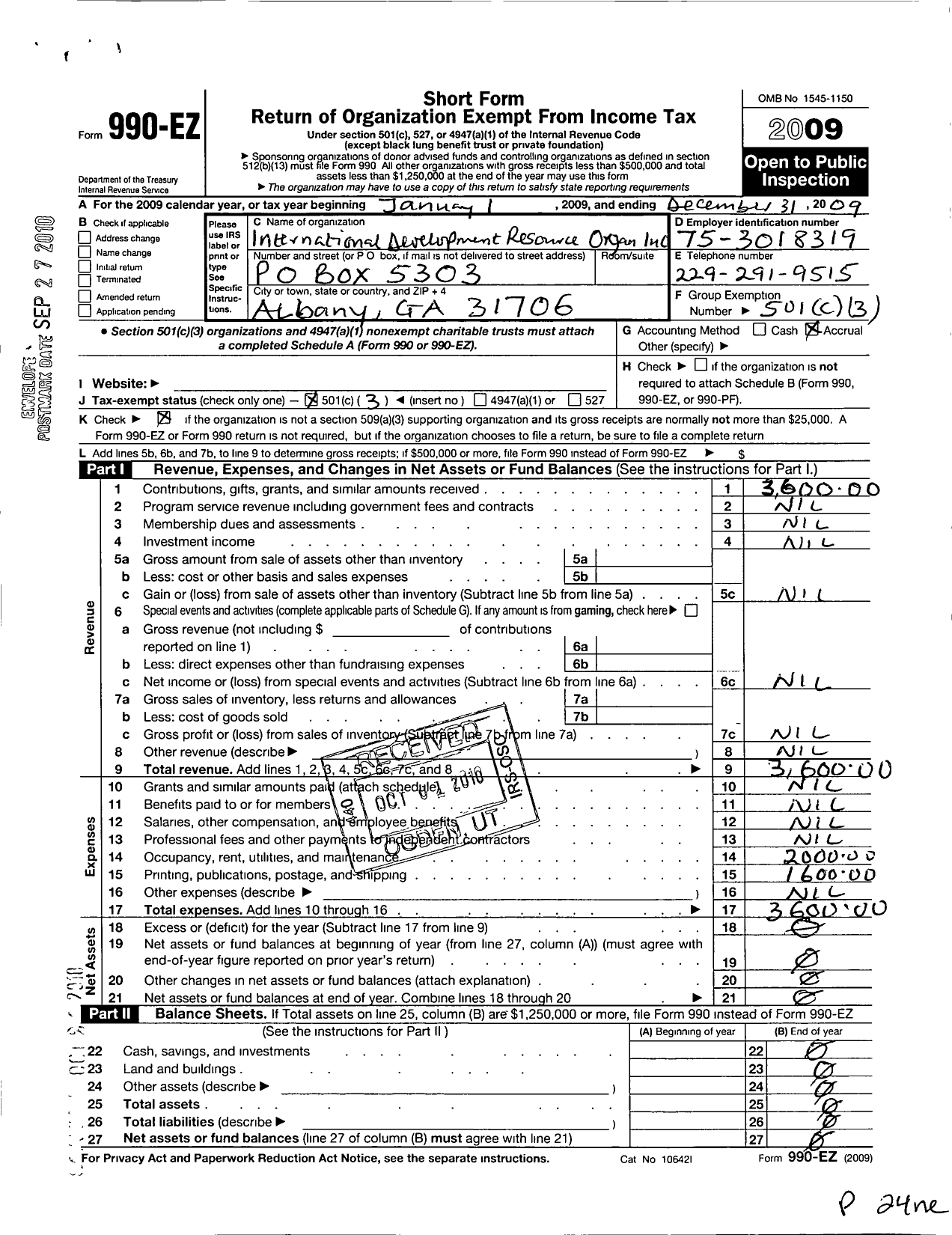 Image of first page of 2009 Form 990EZ for International Development Resource Organization in