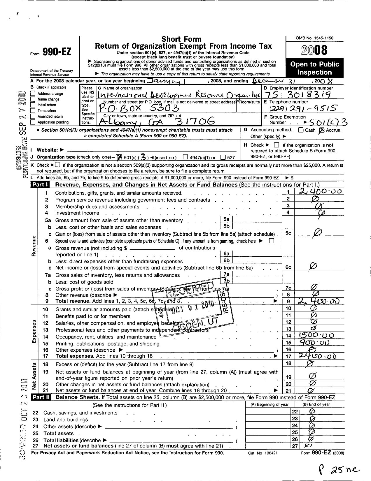 Image of first page of 2008 Form 990EZ for International Development Resource Organization in