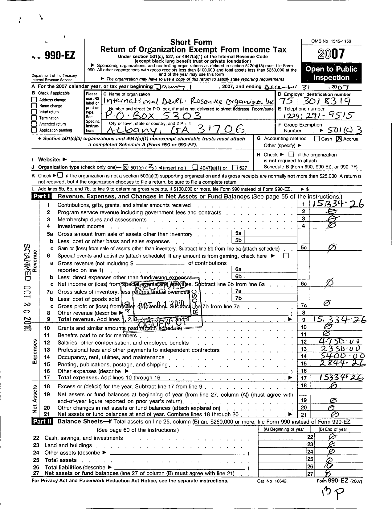 Image of first page of 2007 Form 990EZ for International Development Resource Organization in